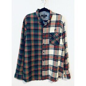 Akoo Shirt Mens XXL Mixed Plaid Flannel Button Up Fringe Hem Long Sleeve Grunge